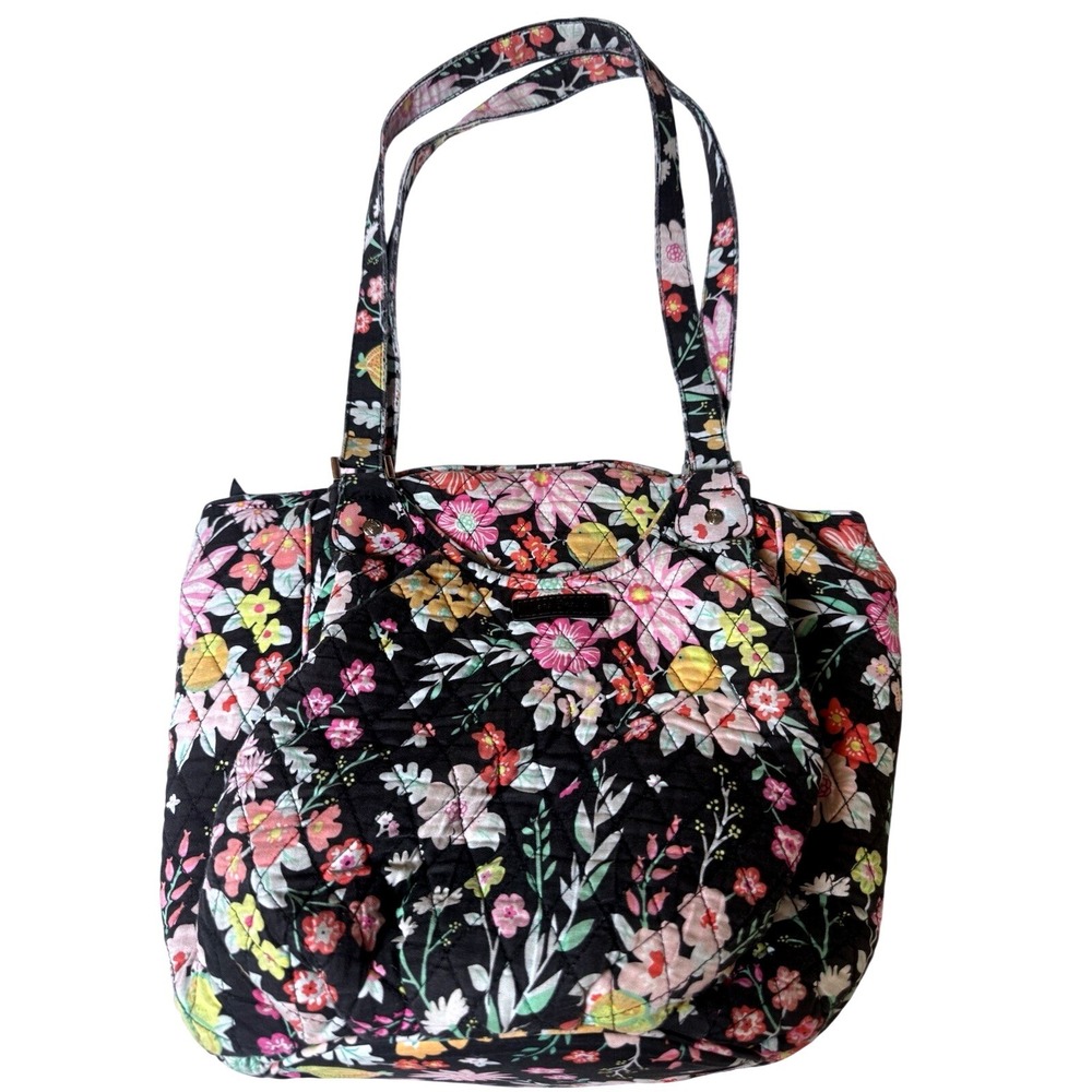 Vera‎ Bradley Quilted Tote Bag Black Floral Pink Interior Shoulder Purse 11X15"